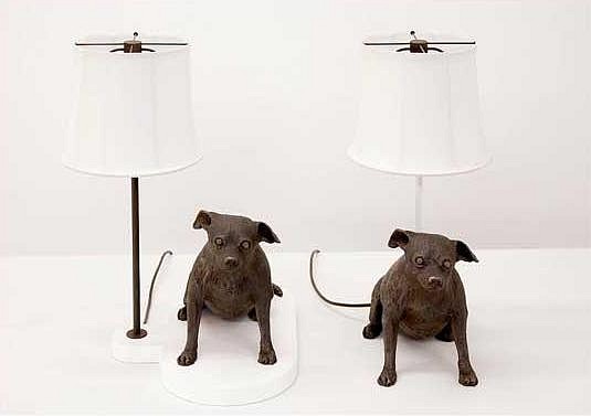 Roy McMakin, Pair of Lamps with a Bronze Joan
2008, bronze, poplar with oil enamel paint, steel, fabric